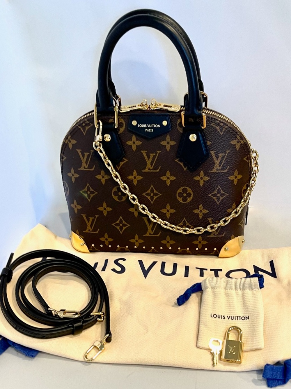 Save $500! Louis Vuitton Brown Monogram ALMA BB TRUNK with Black Leather Trim